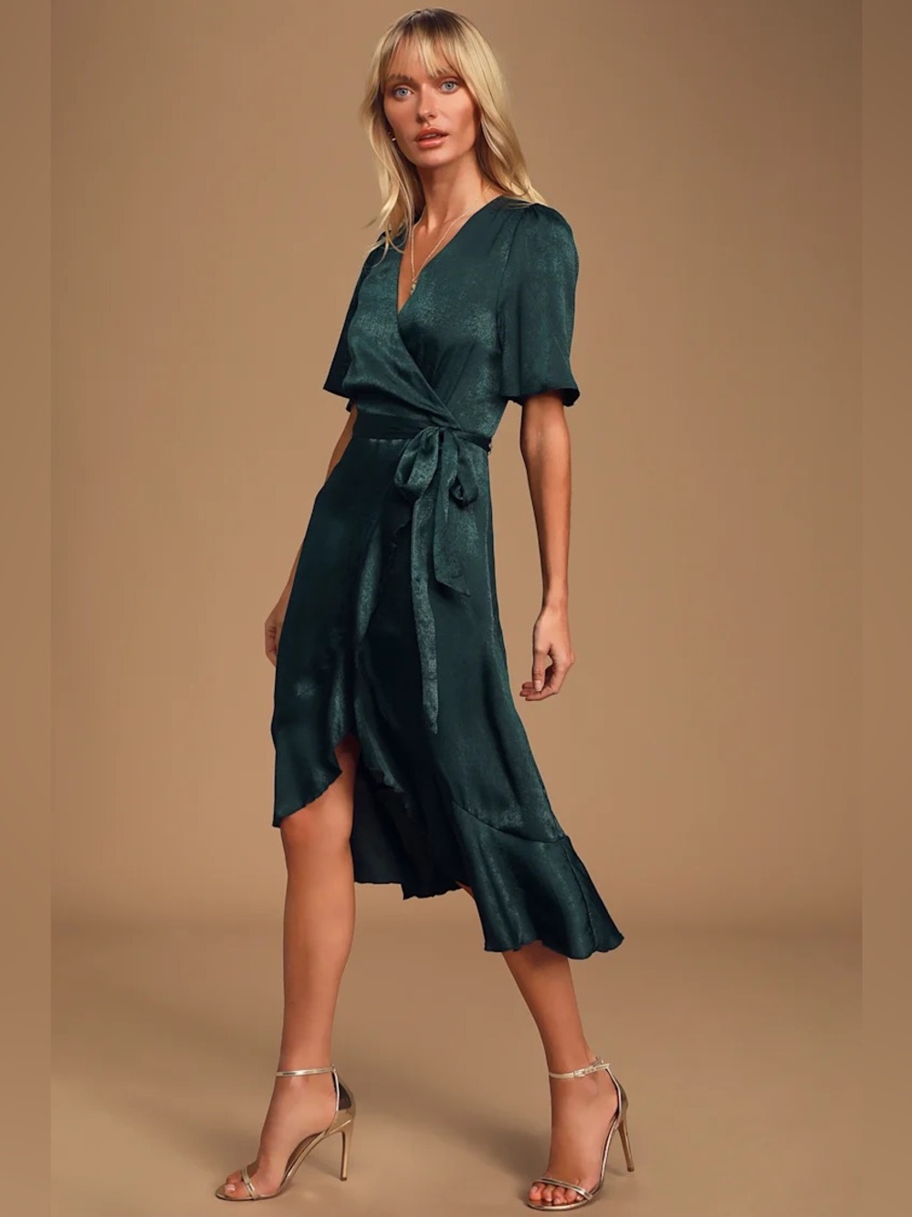 NWT Lulu’s - Wrapped Up In Love Dark Green Satin Faux-Wrap Midi Dress